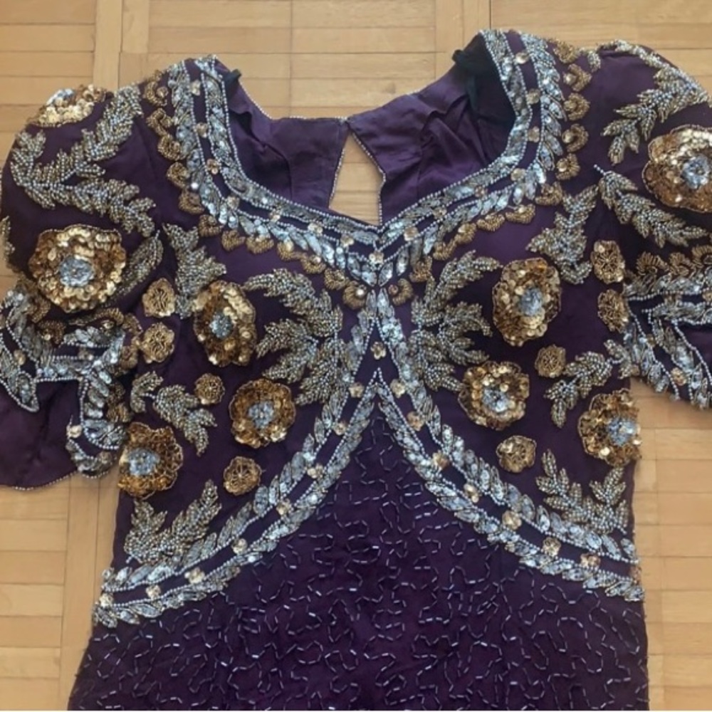 100% Silk Plum Beaded Formal Full Length Dress